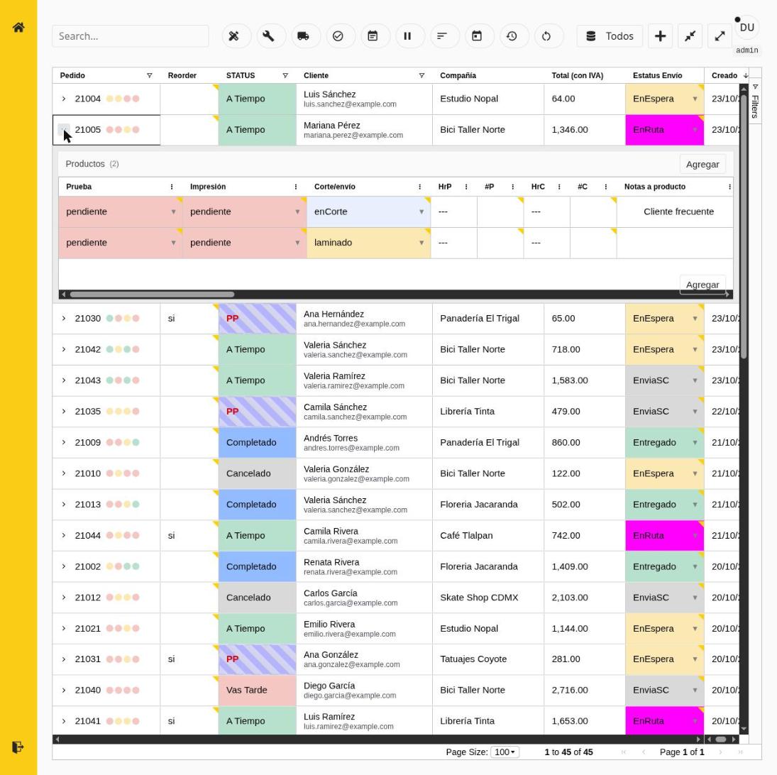 The Calx order dashboard with one order expanded to show its product lines (demo data)