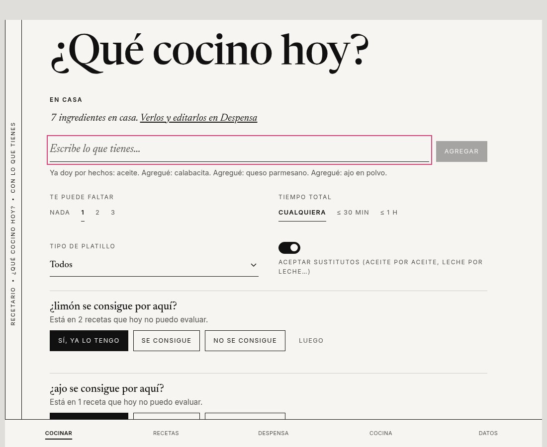 The home screen of Recetario, in Spanish: a box to write what you have at home, how much may be missing, and questions about what can be bought locally