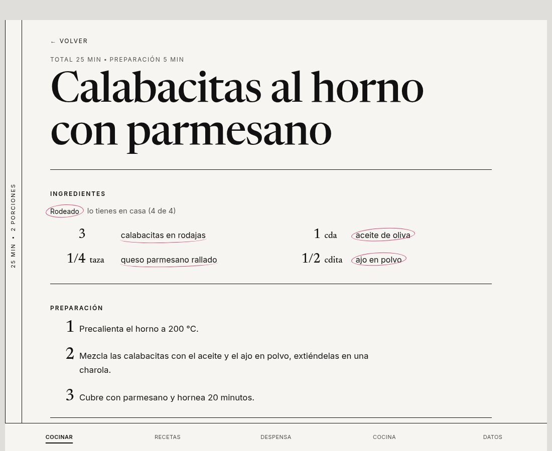 A recipe page in Spanish: baked zucchini with parmesan, with the ingredients that are at home circled in pink